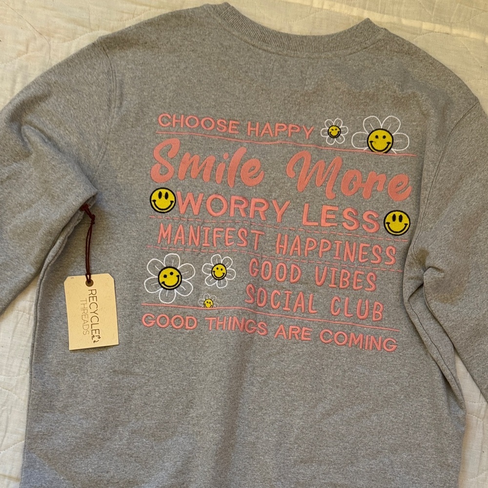 Recycled Karma Gray and Pink Positive Vibes Sweater